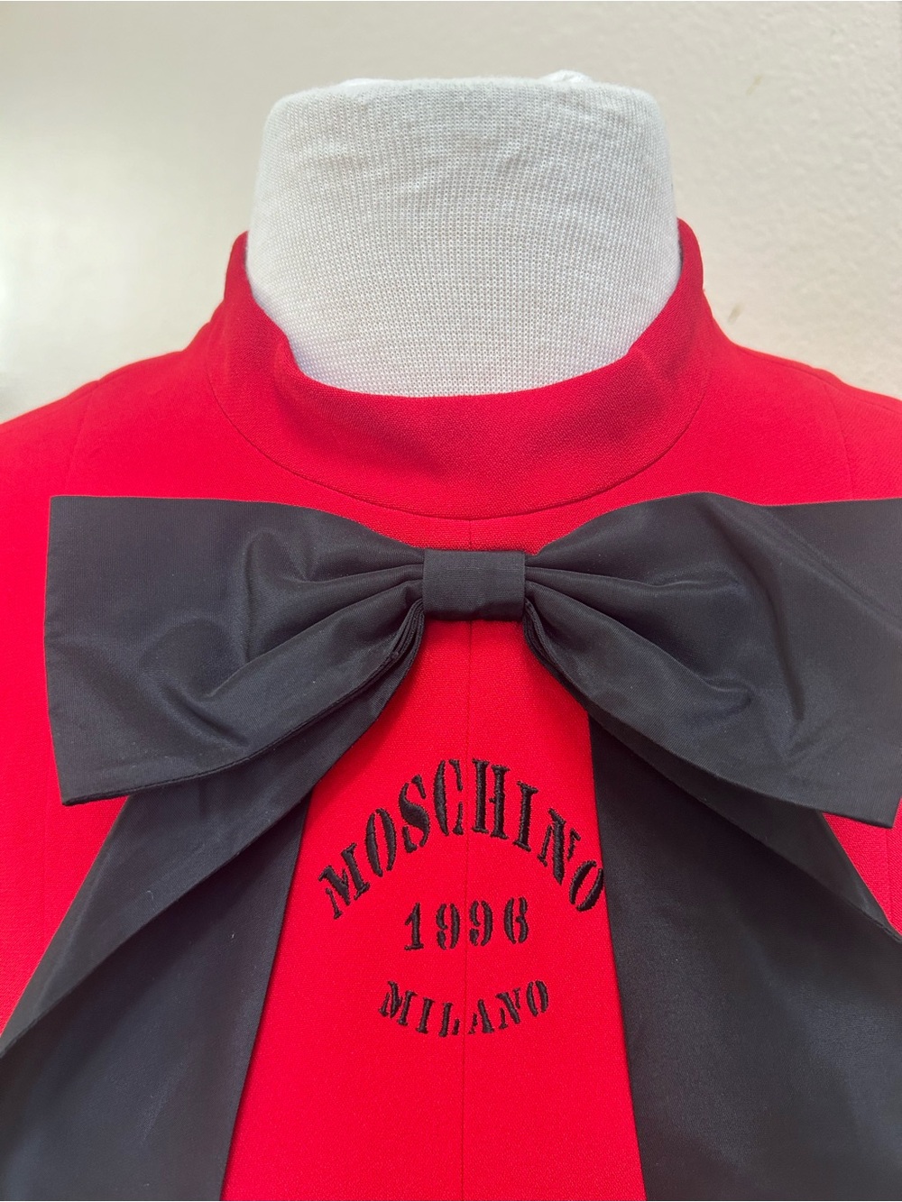 Vintage Moschino Red "Dress maker Form" Sleeveless Mini Dress with Black Bow